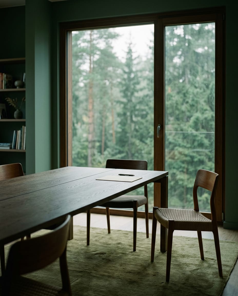 Image générée : une chaise libre à côté d’une autre, au bout d’une table de réunion, face à une forêt